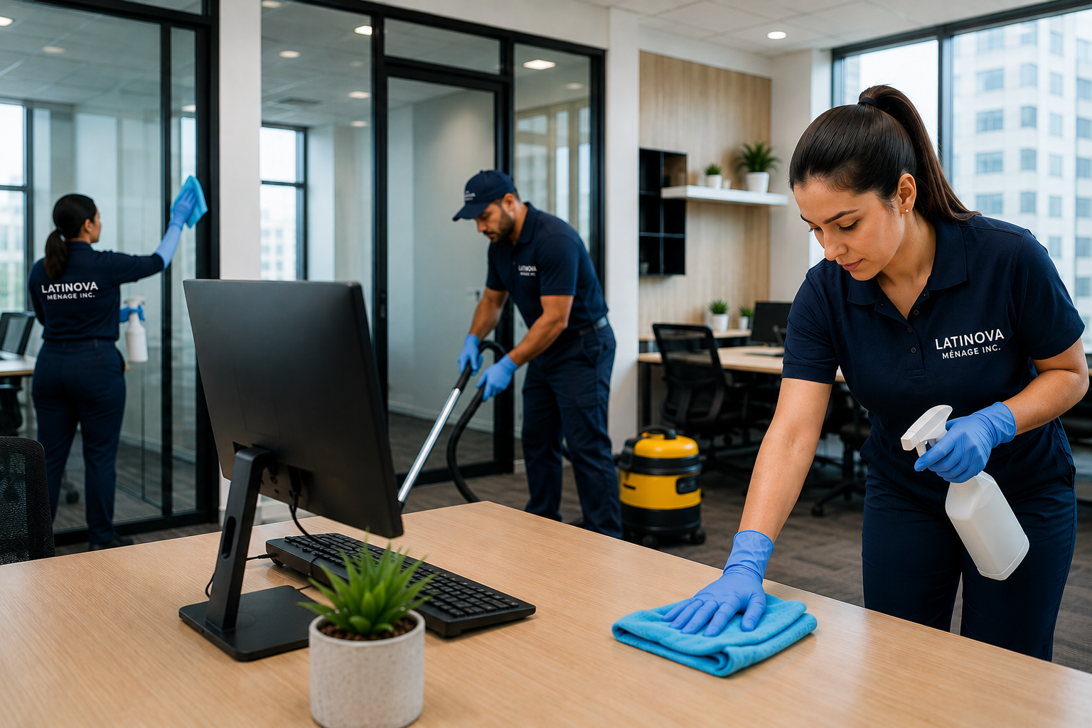 Équipe Latinova Ménage réalisant l’entretien professionnel de bureaux